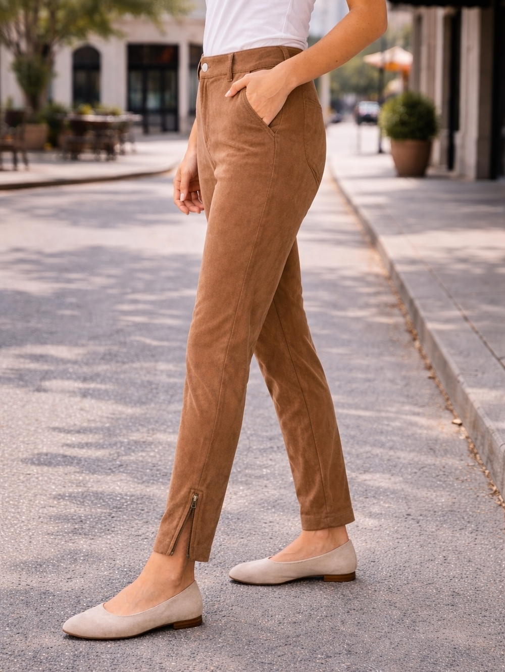 Masai Brown Faux Suede Slim Ankle Pants